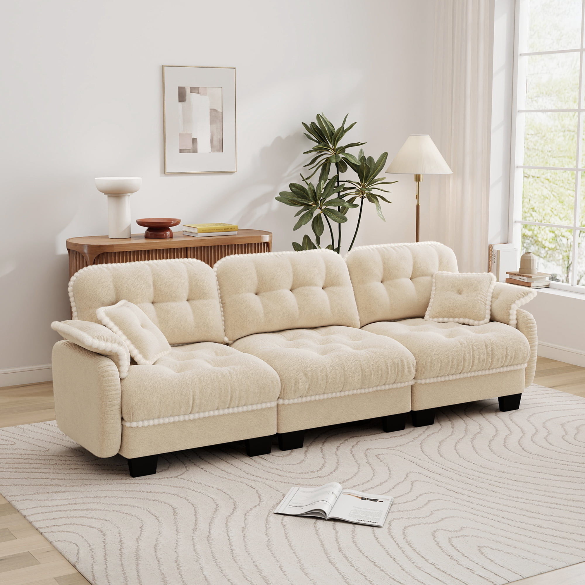 Aenkyo 100.7" Chenille Modular Sectional Sofa, 3-Seater with 23.8" Deep Seats, Beige