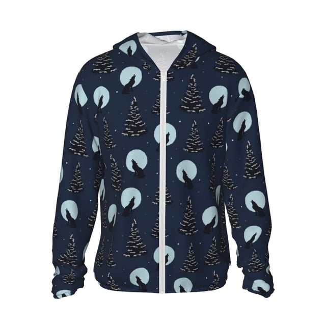 Fotbe Night Forest Wolf Chaqueta con Protección Solar UPF 50+ para Hombre y Mujer, Camisa con Capucha y Bolsillos-Small