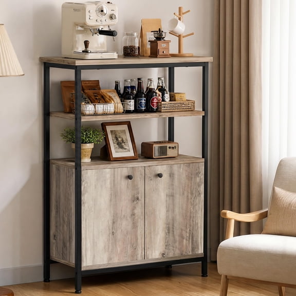 Grey Farmhouse Buffet Sideboard Cabinet, Freestanding Coffee Bar Storage Unit