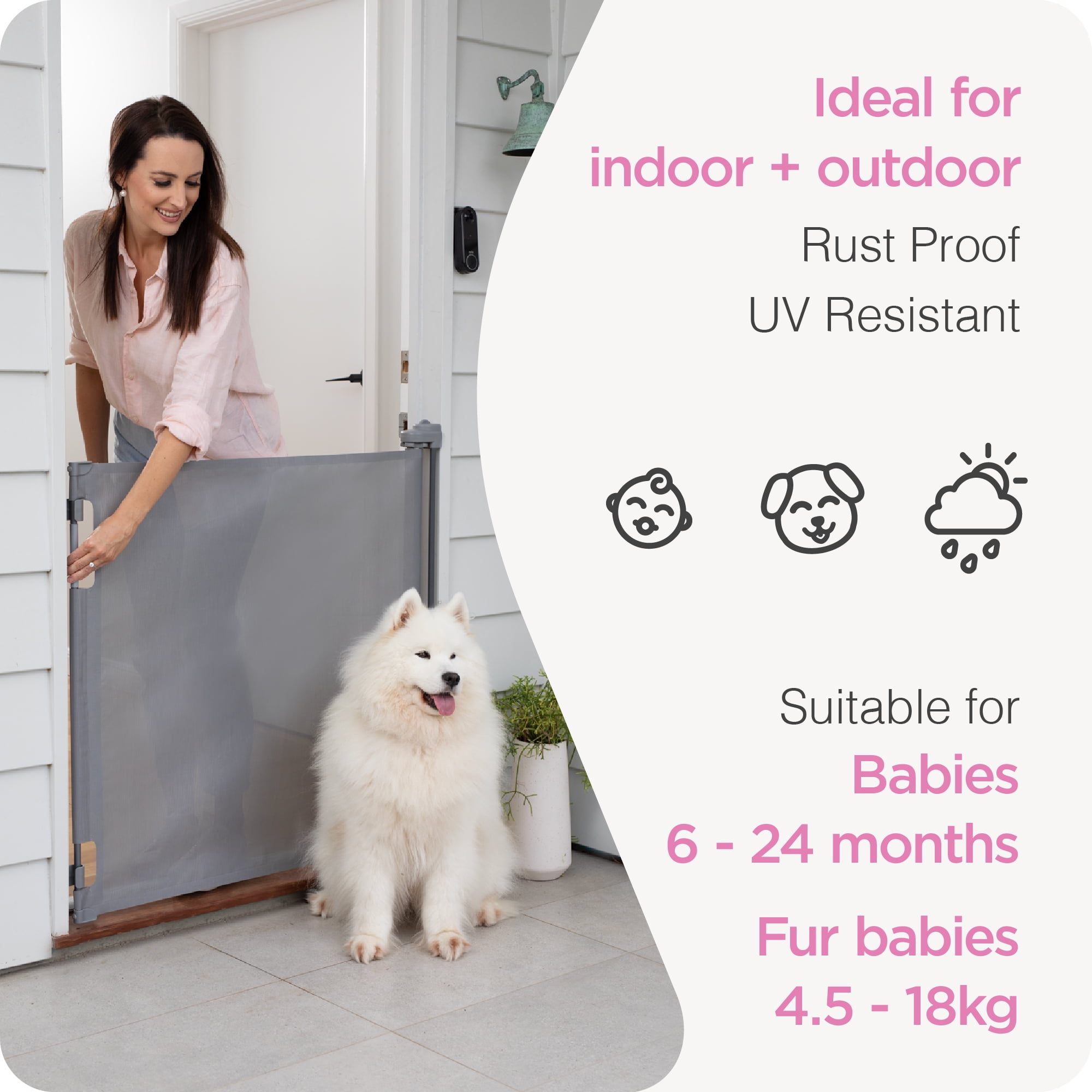 Perma 36” H x 71" W Retractable Baby Gate for 6-24 Months, Manual Tensioning & 3-Way-Locking, Gray
