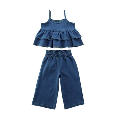 

Carolilly 2PCS Toddler Baby Girl Denim Clothes Ruffle Sleeveless Tops Long Jeans Pants Outfits 1-6Y