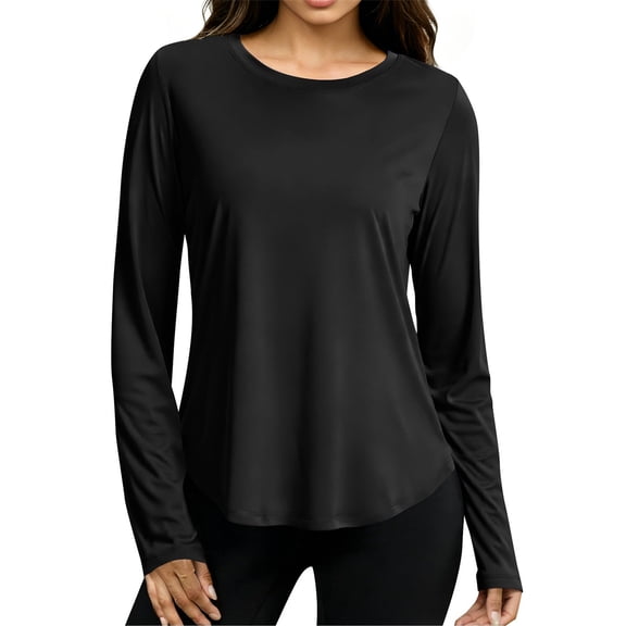 OIOLOYJM Women's Lightweight Long Sleeve T-Shirt Buttery Soft Loose Curved Hem Breathable Workout Yoga Tops Summer Basic Crewneck Athletic Running Shirts Black XL
