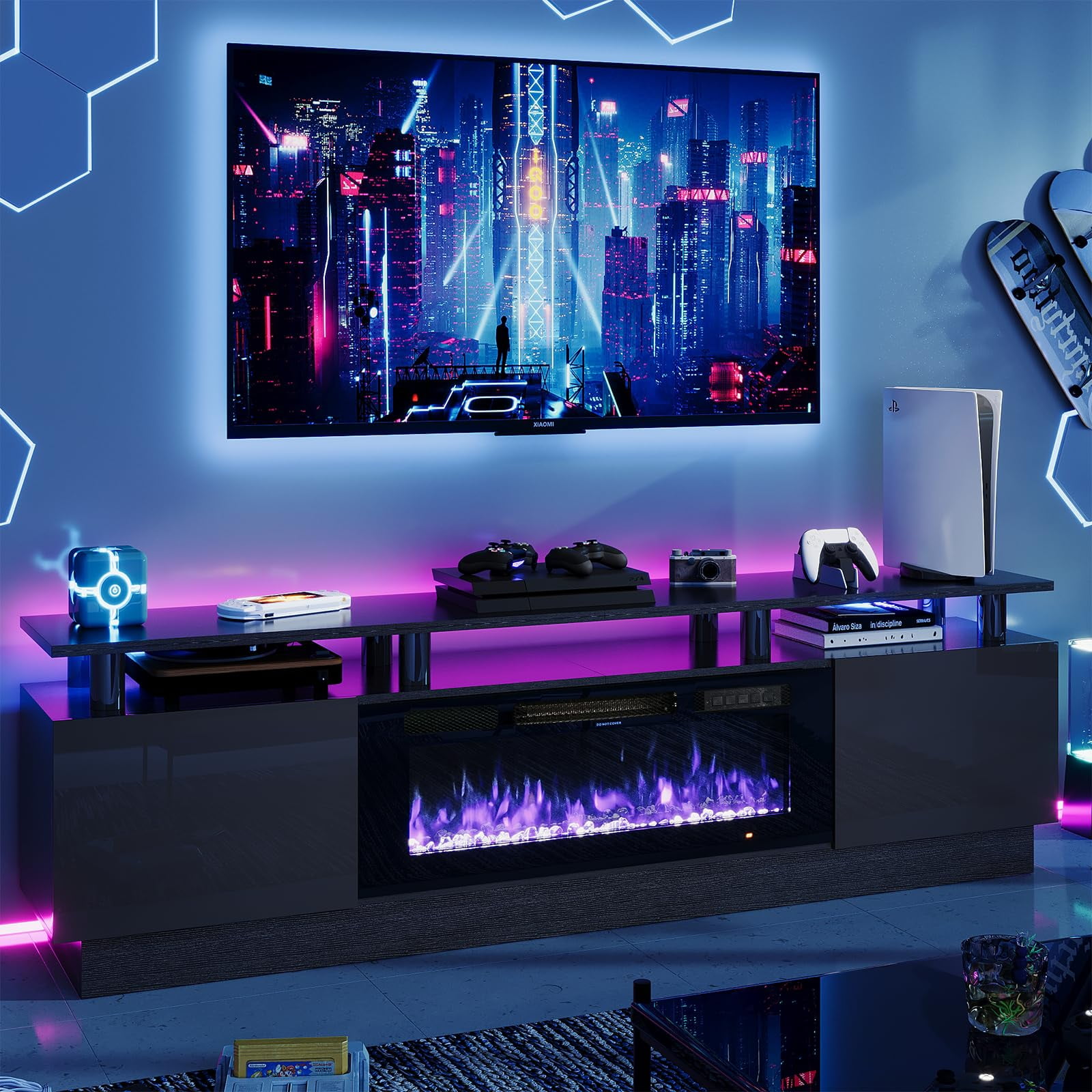 Easoger Fireplace TV Stand, Entertainment Center for TVs up to 80", 70” TV Stand with 36'' Electric Fireplace, LED Lights Entertainment Center, TV Console, Black