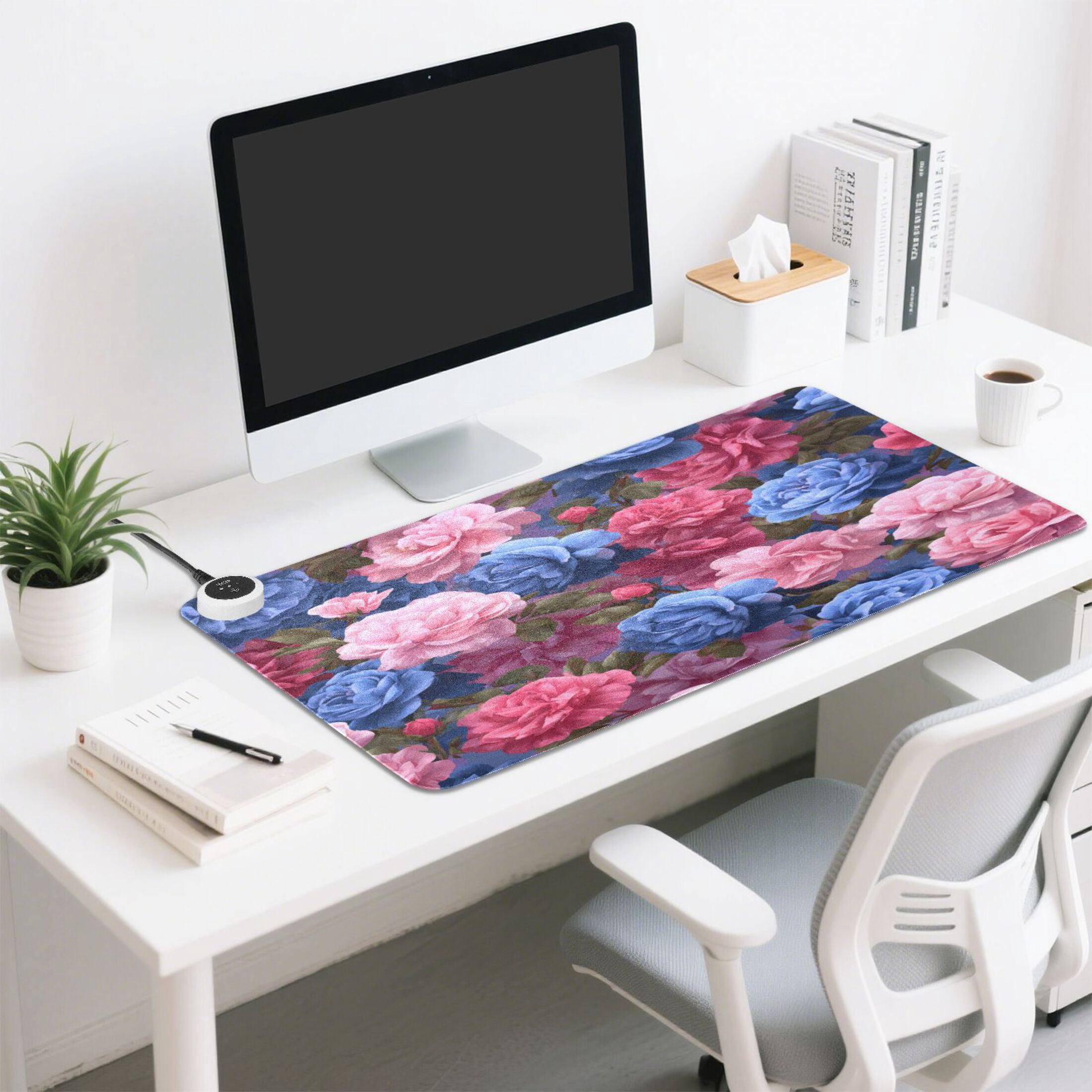 Large Heated Desk Mat Mouse Pad 31.5"x13"PU Leather Graphene Heating Desk Warmer with 3 Temperature Settings 110V US Plug Non-Slip Warm Pad for Home, Office, and Gaming Lush Peony Bouquet Print