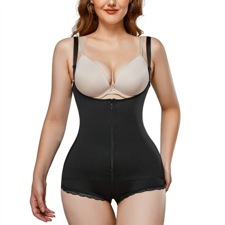 

Junlan Women Latex Waist Trainer Bodysuit Slim with front Zipper Shapewear Faja Corset Lace Panty(Black M）