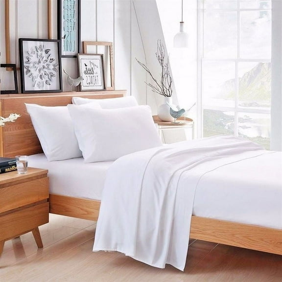 4-PC QUEEN 310TC BAMBOO COTTON SHEET SET, Silky Moisture Eco-Friendly Wrinkle Free 100% COTTON White Bed Sheet Set W / 15 Inch Deep Pockets