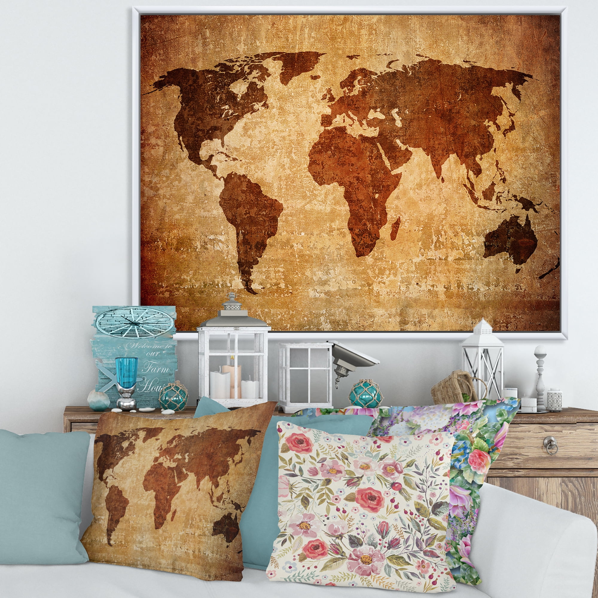 Designart 'Ancient World Map XI' Vintage Framed Canvas Wall Art Print