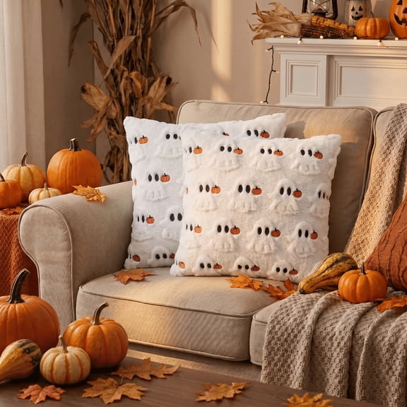 Sm:)e Ghost Pumpkin Faux Fur Halloween Pillow Covers 18x18 Inch Set of 2, Soft Cushion Cover for Sofa Home Decor, White