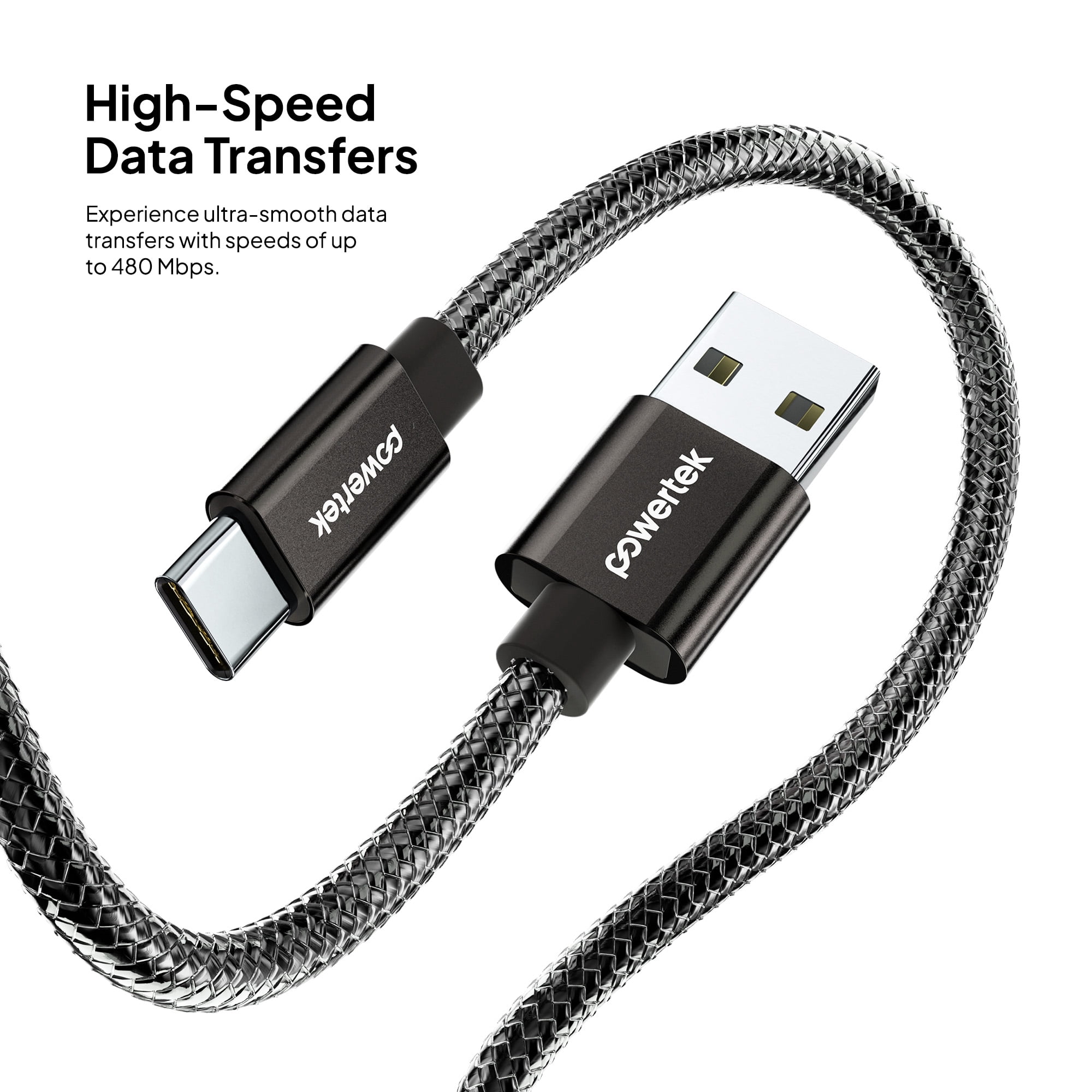 Powertek Luxe 6ft USB-A to USB-C Cable, Gray, Fast Charge & Sync, Metallic Mesh PVC Jacket, Durable Tangle-Free Design