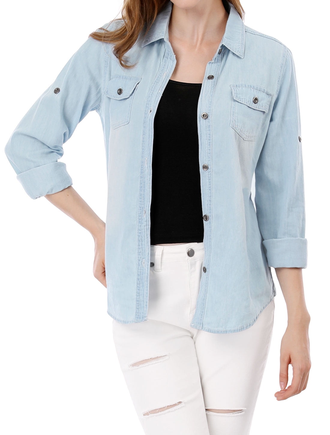 light blue denim shirt with dark jeans