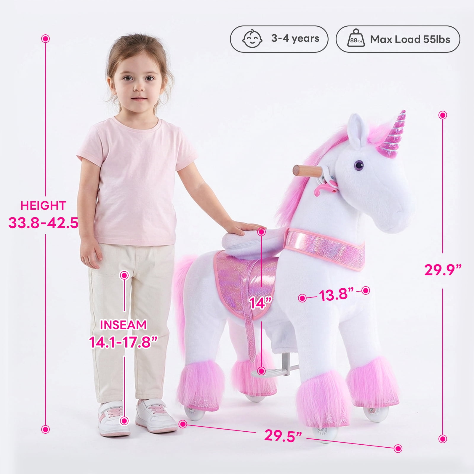 PonyCycle Ride-On Unicorn Toy with Sound and Hand Brake, Kid-Powered, Ages 3–4, Pink, U302