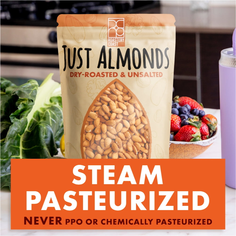 Roastery Coast Just Roasted Almonds | 3 Pounds | Bulk | Unsalted Nuts | Slow Dry Roasted | Steam Pasteurized | Plant Protein | Gluten Free | Non-GMO | Low carb | Keto Snack