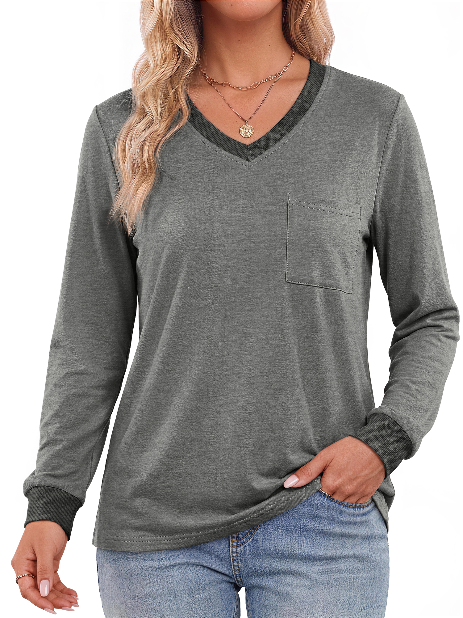 Moshu Women's V-Neck Color Block Long Sleeve Top photo 1