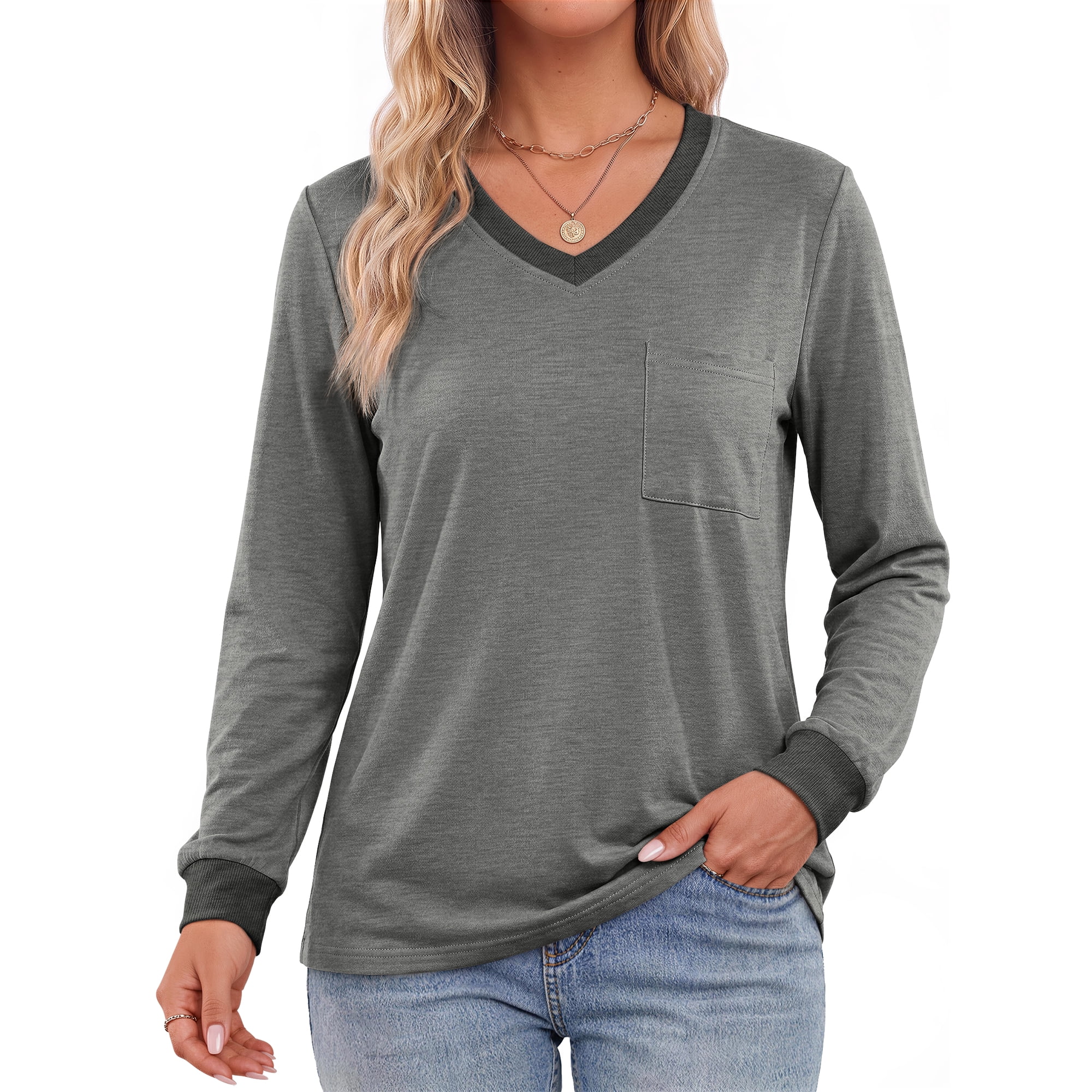 MOSHU Color Block T Shirts for Women V Neck Long Sleeve Womens Shirts Loose Fall Tops with Pocket