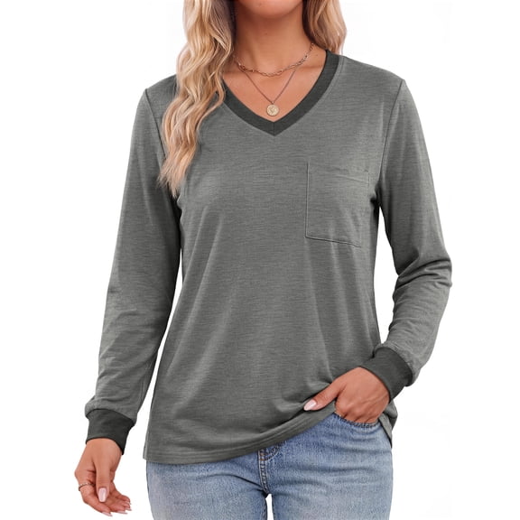 MOSHU Color Block T Shirts for Women V Neck Long Sleeve Womens Shirts Loose Fall Tops with Pocket