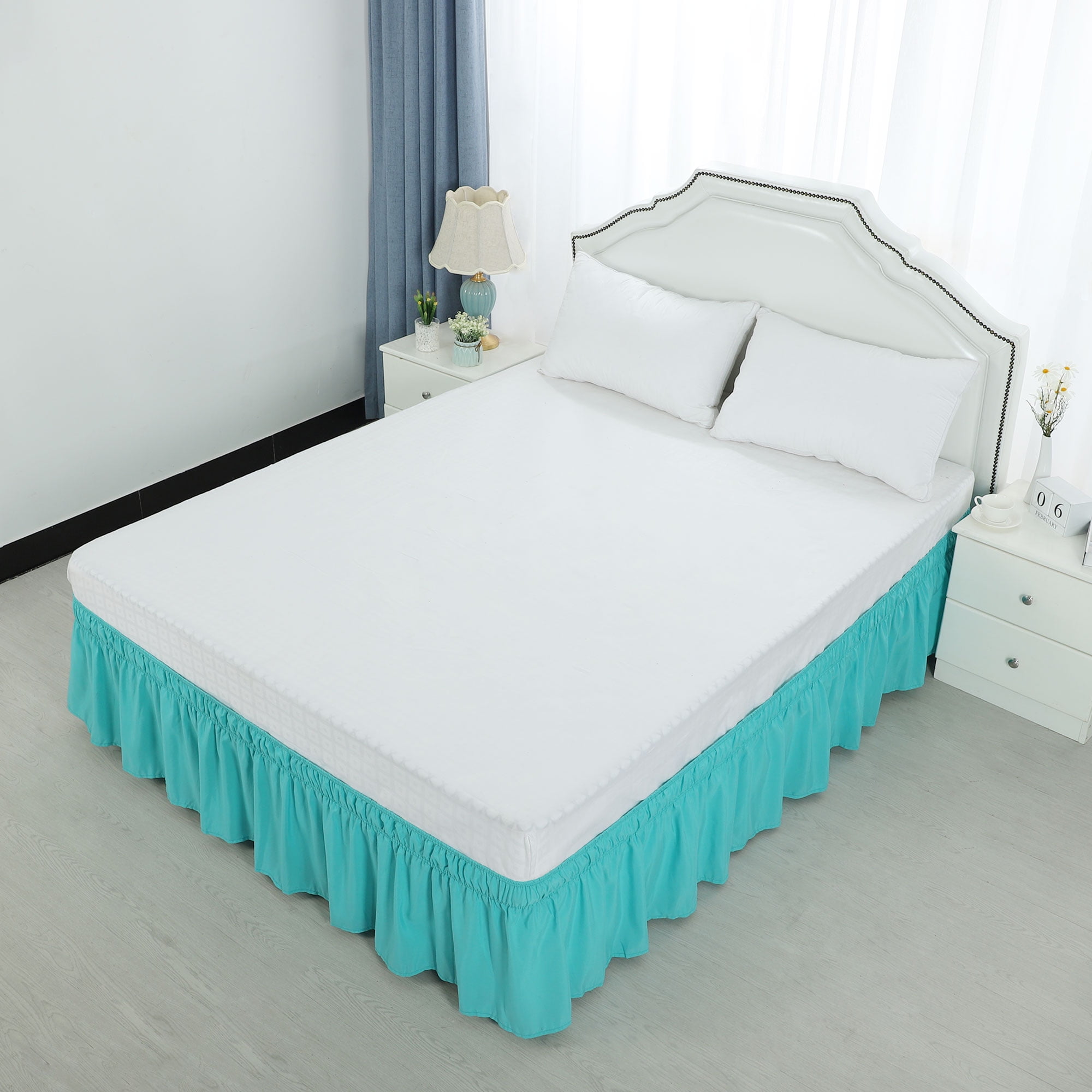 PiccoCasa Bed Skirt Polyester Elastic Wrap Around Dust Ruffle Aqua Blue