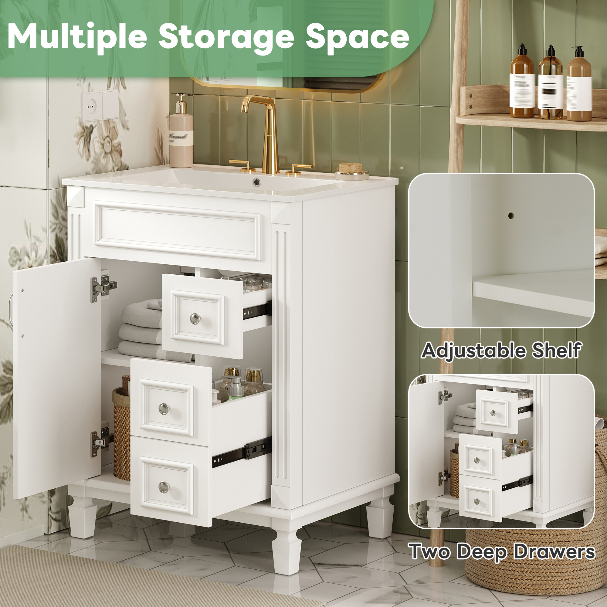 Euroco 24" Bathroom Vanity with Ceramic Sink, Small Bathroom Sink Cabinet, Modern Cabinet with 2 Drawers and Adjustable Shelf