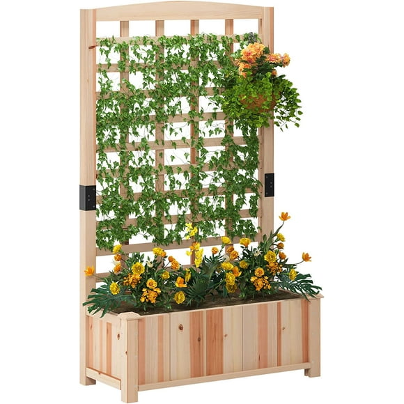 Soges Wood Planter with Trellis for Climbing Plants, Free-Standing Trellis Planter 60 inch Height Garden Bed for Vegetables, Flowers Grow