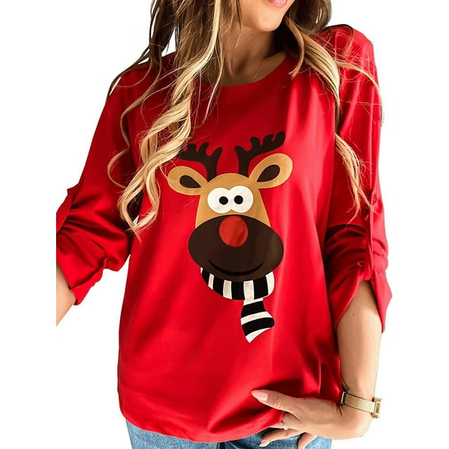 DYMADE Tee-Shirt Décontracté à Manches Longues Col Rond Imprimé Dessin Animé de Noël pour Femmes