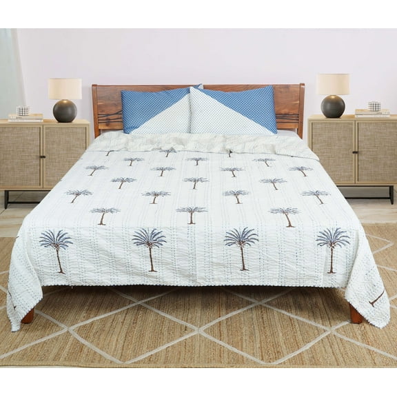 Dhaka International 100% Cotton Handmade Block Printed Bedspread | Lightweight Reversible Bed Cover for All Seasons - ( off-white - 60x90 " Single / Twin Size )