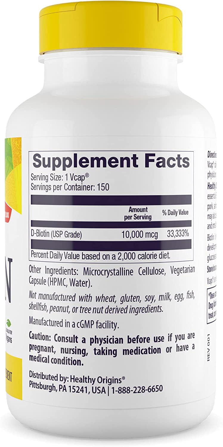 Healthy Origins Biotin 10,000 mcg (USP Grade, Non-GMO, Gluten Free, Hair Support, Nail Support), 150 Veggie Caps
