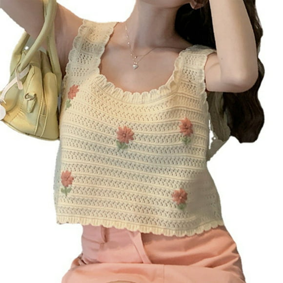 Sleeveless Top Embroidered Flowers Pattern Loose Breathable Short Knit Women Blouse for Work Daily Apricot for 40 to 60kg