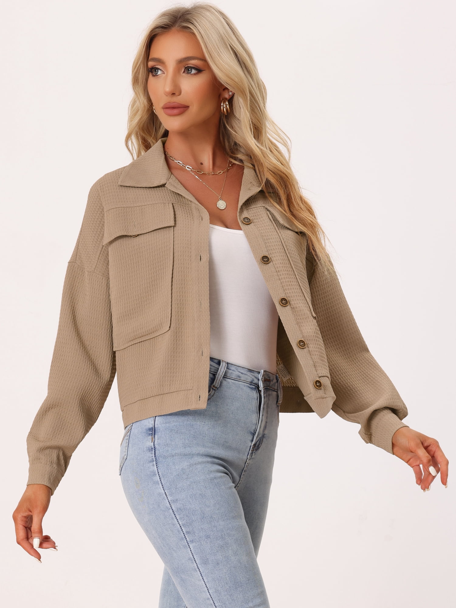 DARING DIVA Women's Waffle Shacket Pocket Collared Shirt Jackets XL Khaki
