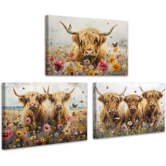 Funny Animal Wall Art Set Highland Cow Baby Canvas PrintDollars Painting Picture Money Abstract Wall Decor for Living Room Bedroom Kitchen Office Wall Decoration（Only canvas）