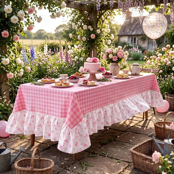 Pink White Plaid Ruffled Long Table Cloth Rectangular Fits 8-10 Seater Table Linen Cotton Checker Gingham Tablecloth with Flower for Baby Shower Birthday Party Picnic Decorative - 120"x60"