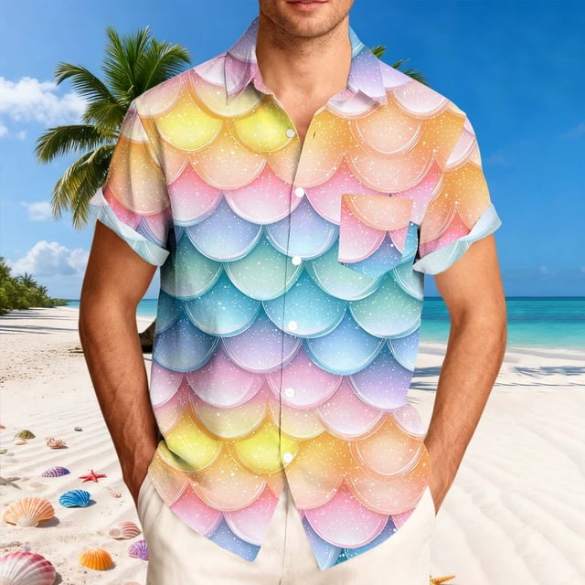 Ceisia Men's Hawaiian Rainbow Mermaid Scale Print Short Sleeve Shirt | Pastel Casual Button Down Beach Top Gifts