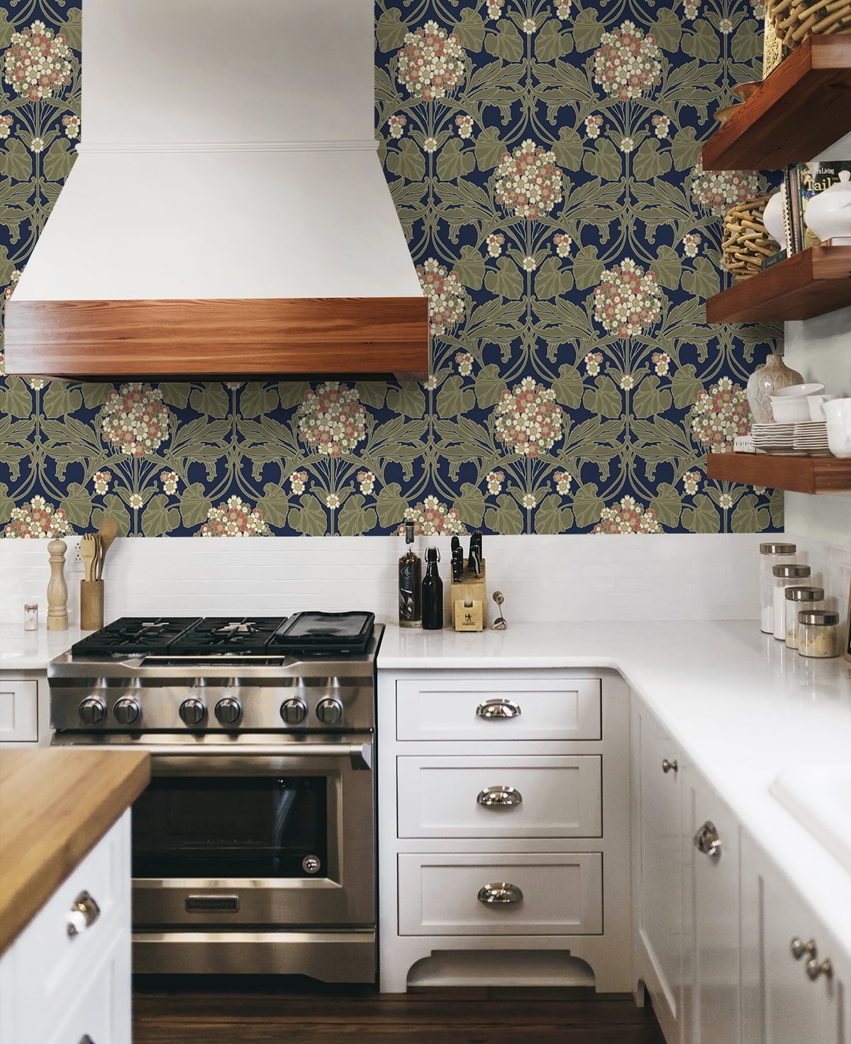 NextWall Dark Blue & Terra Cotta Hydrangea Floral Peel and Stick Wallpaper - 20.9 in. W x 18 ft. L Roll