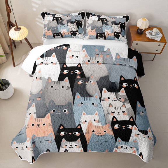 Erosebridal Cartoon Cat Twin Quilt Set,Multi Kitten Cute Twin Coverlet Set For Girls,2pcs