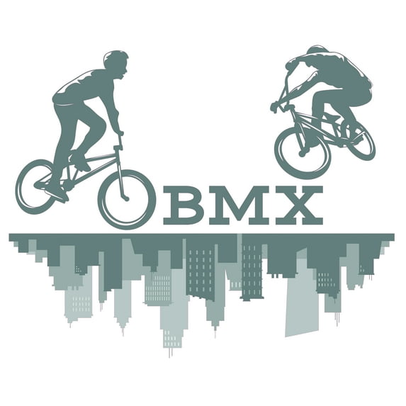 Removable Kids Bedroom 16" x 20" BMX City Buildings Decoration Bike Tricks Stunt Silhouette Design Easy To Apply Vinyl Wall Decal - Multicolored Home Living Room Bike Moto Cross Sport Wall Sticker