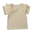 thumbnail image 2 of Riecok Kids T-Shirts Short Sleeve Comfortable Girl Ruffle Sleeve Solid Color Western Style Top Fashion Loose Western Style Top Indoor Outdoor Party Performance Beige 140, 2 of 3