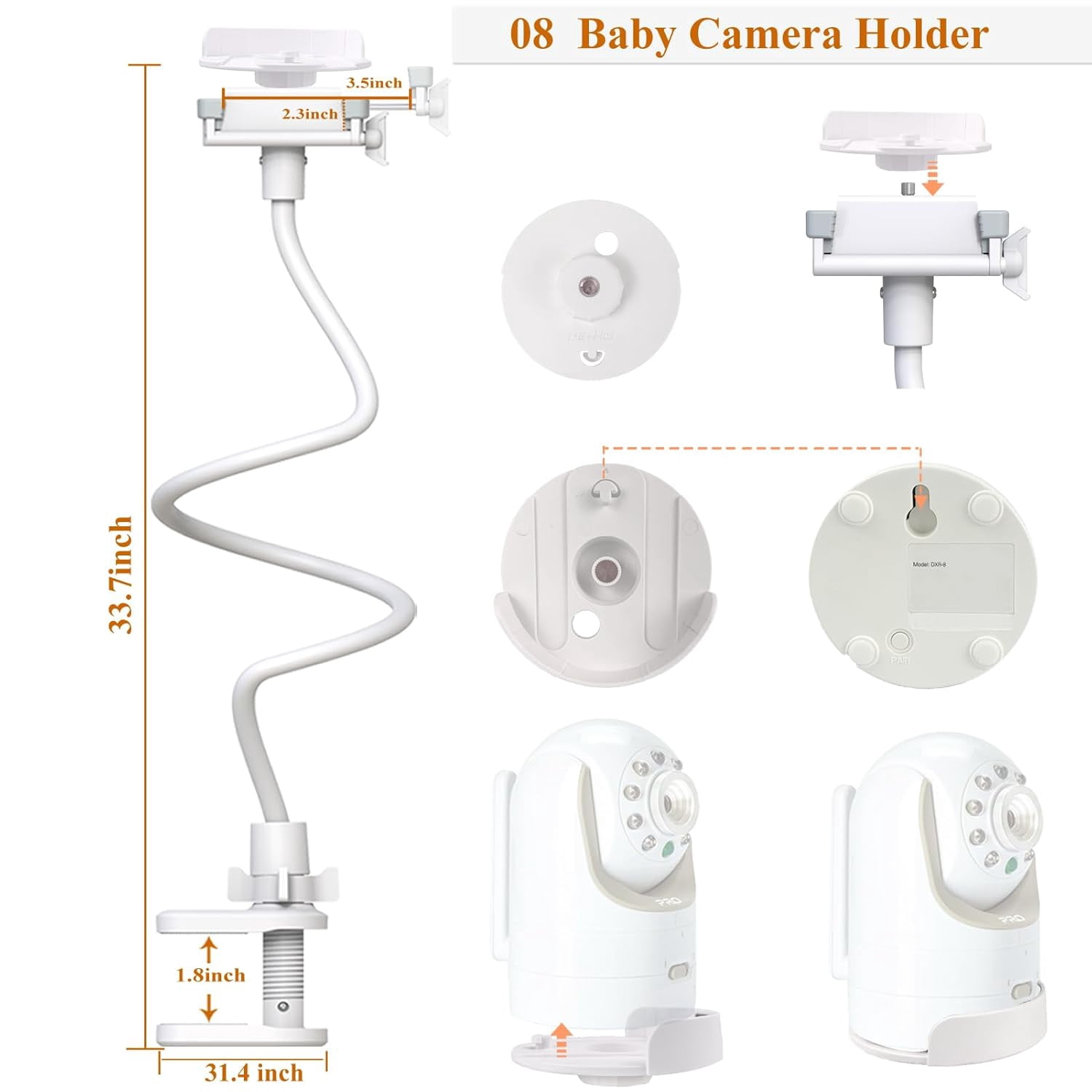 Baby Camera Mount Flexible Baby Monitor Holder Stan Shelf Compatible with Infant Optics DXR-8 and DXR-8 PRO Baby Monitor,Any Cameras with 1/4" Screw Stan(33.4 inch/Camera Not Included)