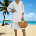 thumbnail image 2 of VEKDONE Women Cotton Linen Tshirt Dresses Fashion 3/4 Puff Sleeves V-Neck Patchwork Dress Solid Color Baggy Comfy Pleated Dress Vacation Beach Dresses White XL, 2 of 9