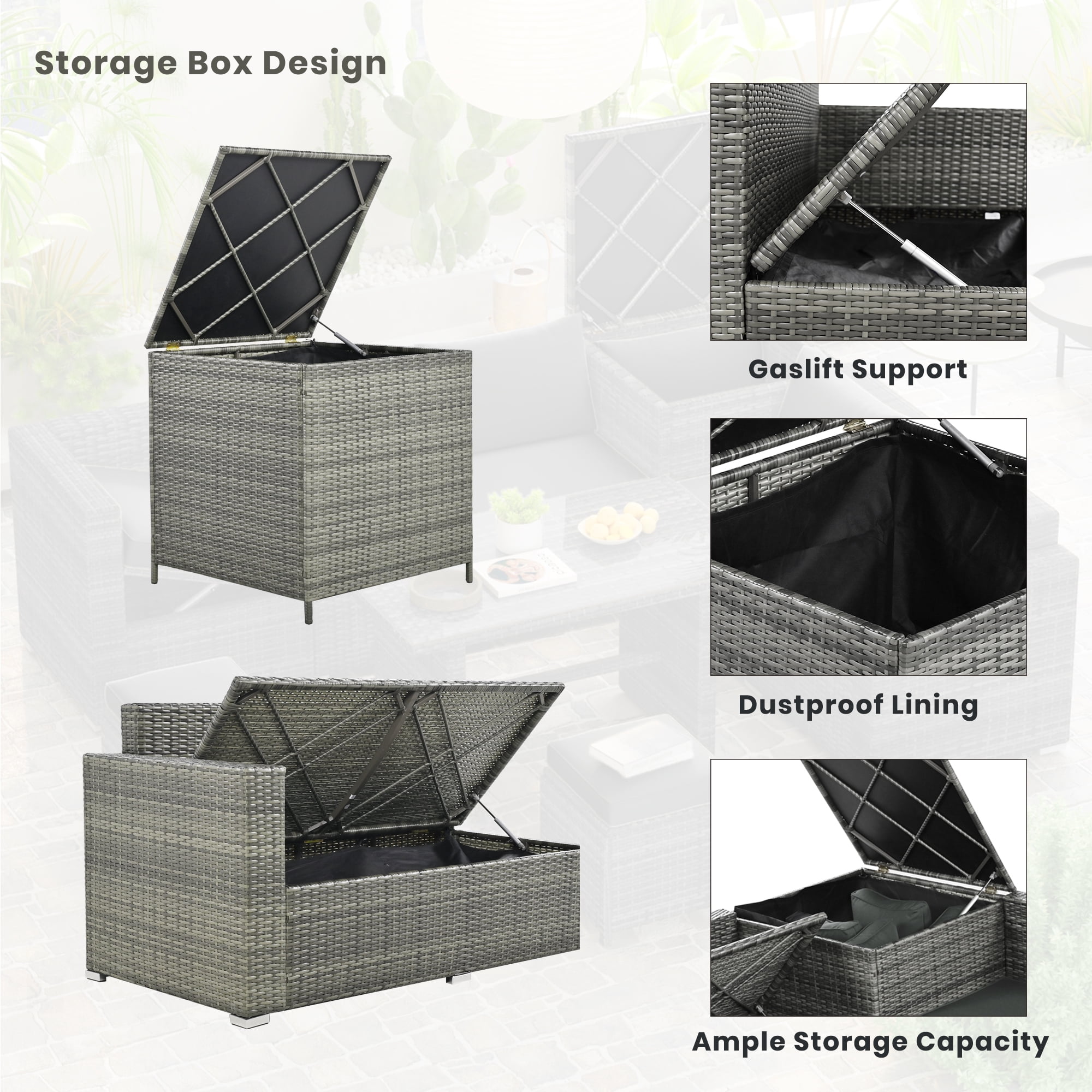 Euroco 6-Piece All Weather Outdoor Rattan Sofa Set, Patio Wicker Sectional Furniture Set with Glass Top Table, Storage Box, for 7 Persons, Gray