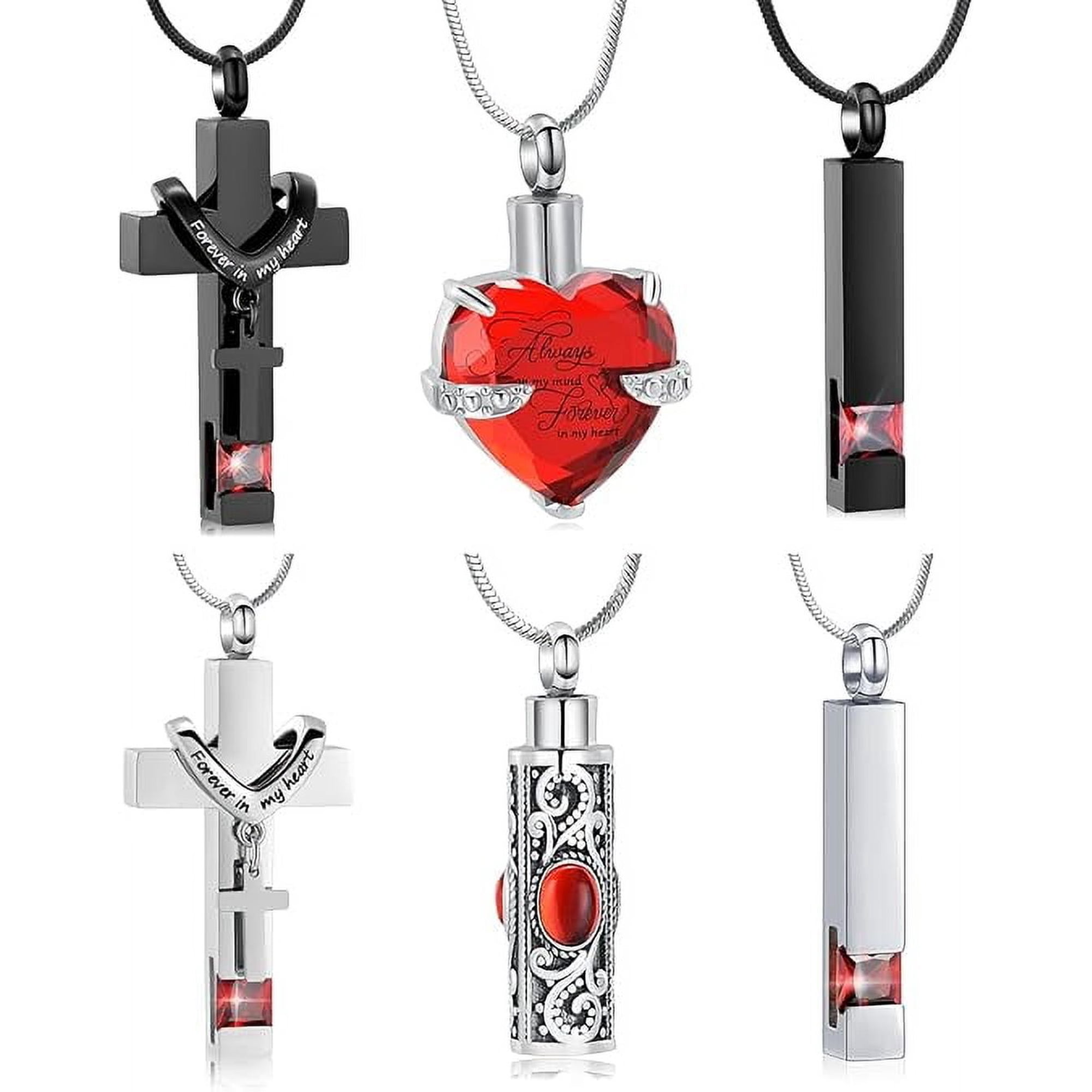 5 Pcs Heart Cross Urn Necklace for Ashes Keepsake Cremation Jewelry Stainless Steel Necklace Crystal Memorial Pendant Heart Locket Ashes Necklace for Women Men