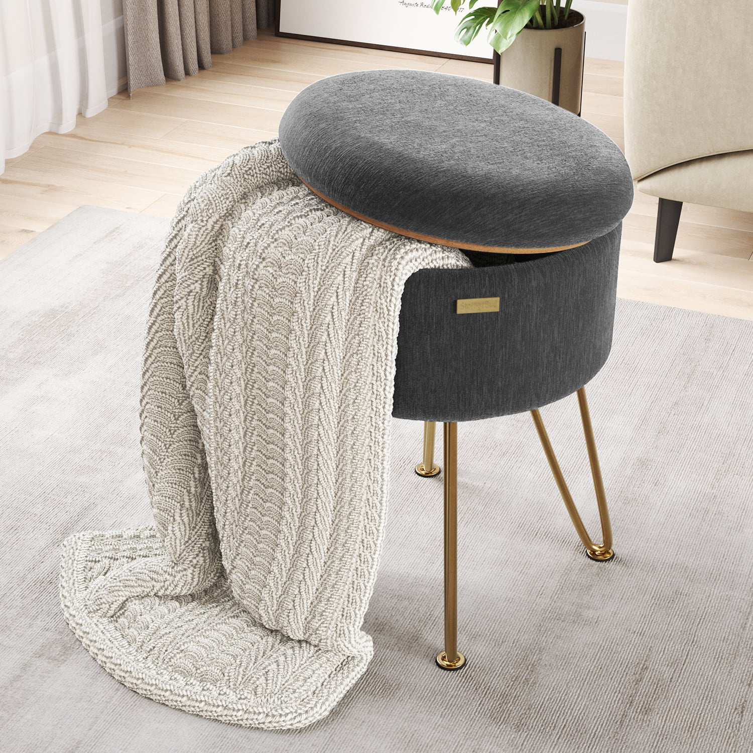 LammaLoe Small Round Ottoman with Storage, Textured Velvet Ottoman Foot Stool with Lid, Upholstered Vanity Stool for Living Room & Bedroom, Gray
