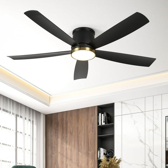 Dextrus 52" Quiet Ceiling Fan with Tri-Color LED Light, Remote Control, and 6-Speed Flush Mount for Bedrooms and Living Rooms (Black   Gold Accent)