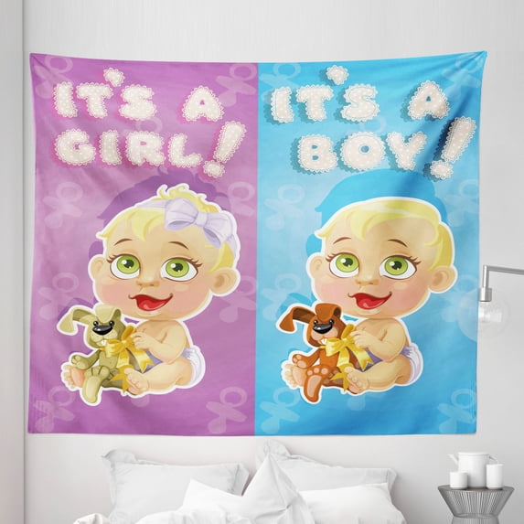 Colorful Tapestry, Girl and Boy with Dogs Puppy Congratulations Birthday Theme, Fabric Wall Hanging Decor for Bedroom Living Room Dorm, 5 Sizes, Multicolor, by Ambesonne