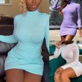 thumbnail image 5 of Women Autumn Long Sleeve Turtleneck Bodycon Mini Sweater Dress Solid Color Ribbed Knitted Striped Sexy Package Hip Basic Party Clubwear, 5 of 20