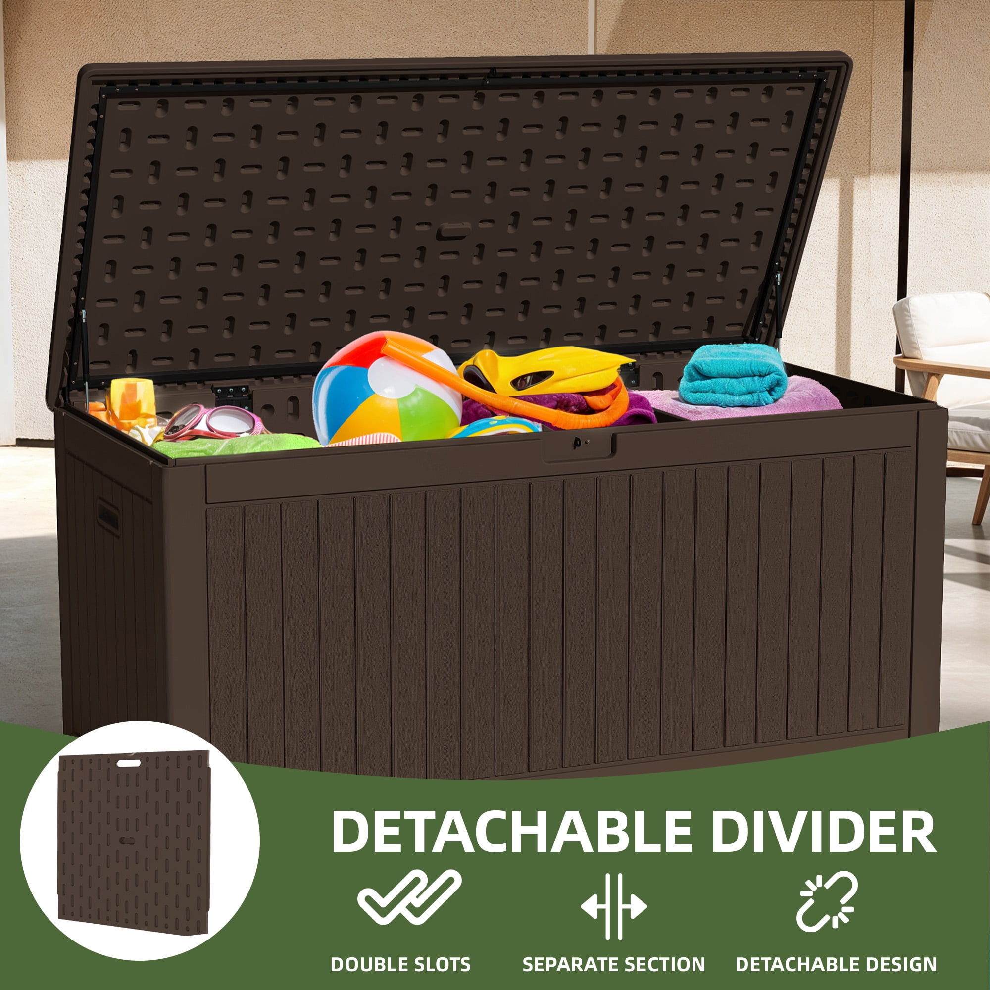 Uforic 260 Gallon Large Deck Box, Double-Wall Resin Outdoor Storage Bin with Divider, Lockable Weatherproof, Brown