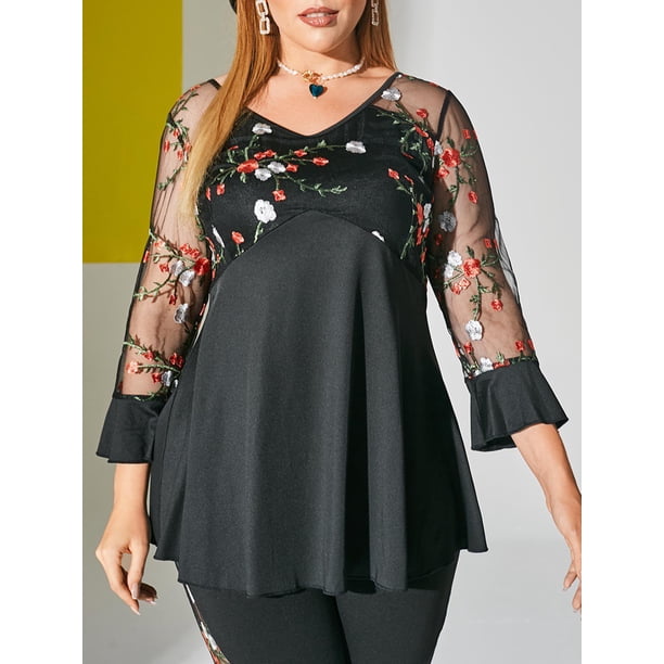 Panel de malla bordado floral en V cuello de tamaño grande Rosegal Blusas Tallas Grandes