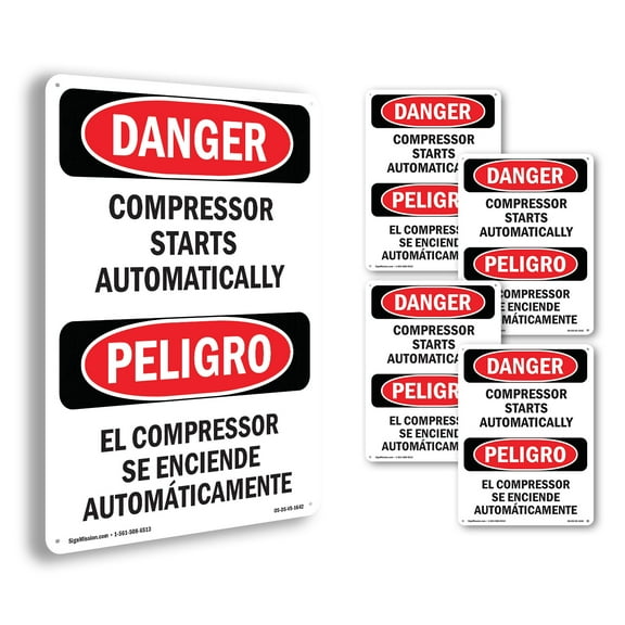 Compressor Starts Automatically Bilingual OSHA Danger Aluminum Sign 18 Inch x 12 Inch - 5 Pack