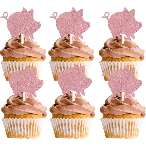 Glitter Pig Cupcake Toppers, Rose Gold, Party Decorations, Set of 12