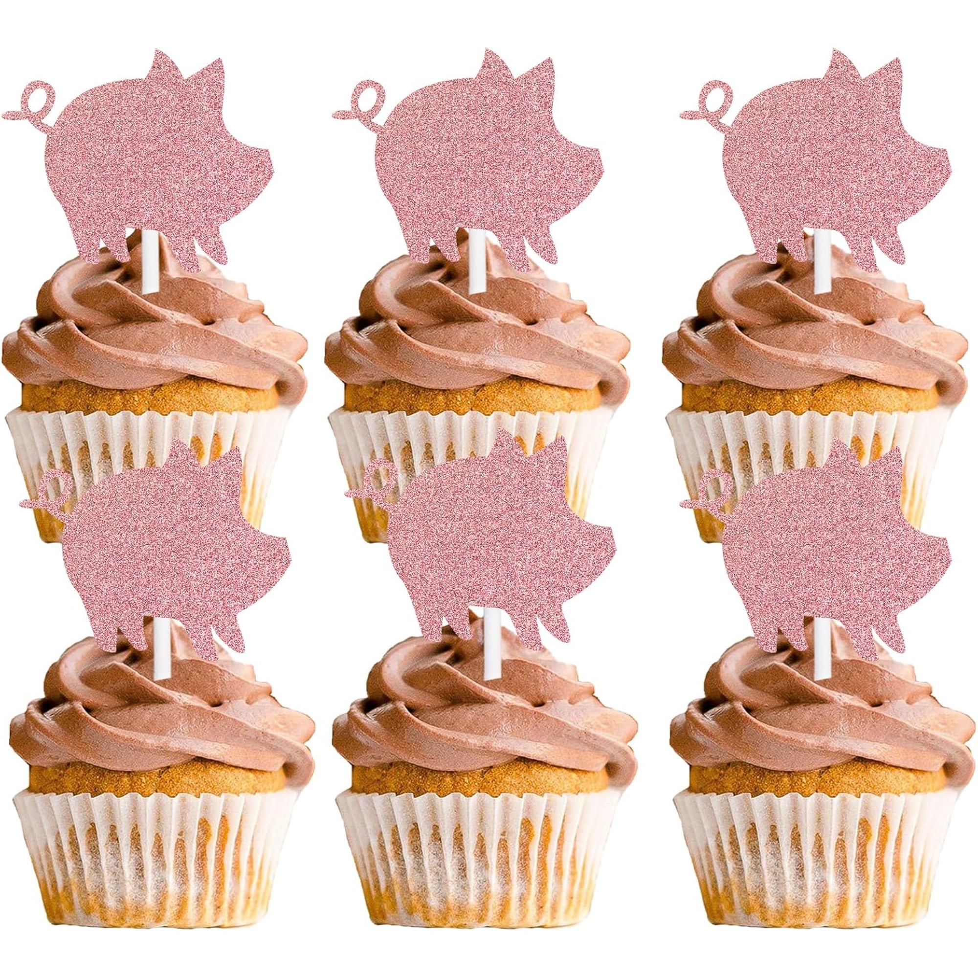 10pcs Pink Glitter Dessert Cupcake Topper Farm Animal Pig Theme Decor Supplies Baby Shower Girls Boys Happy Birthday Party Decorations