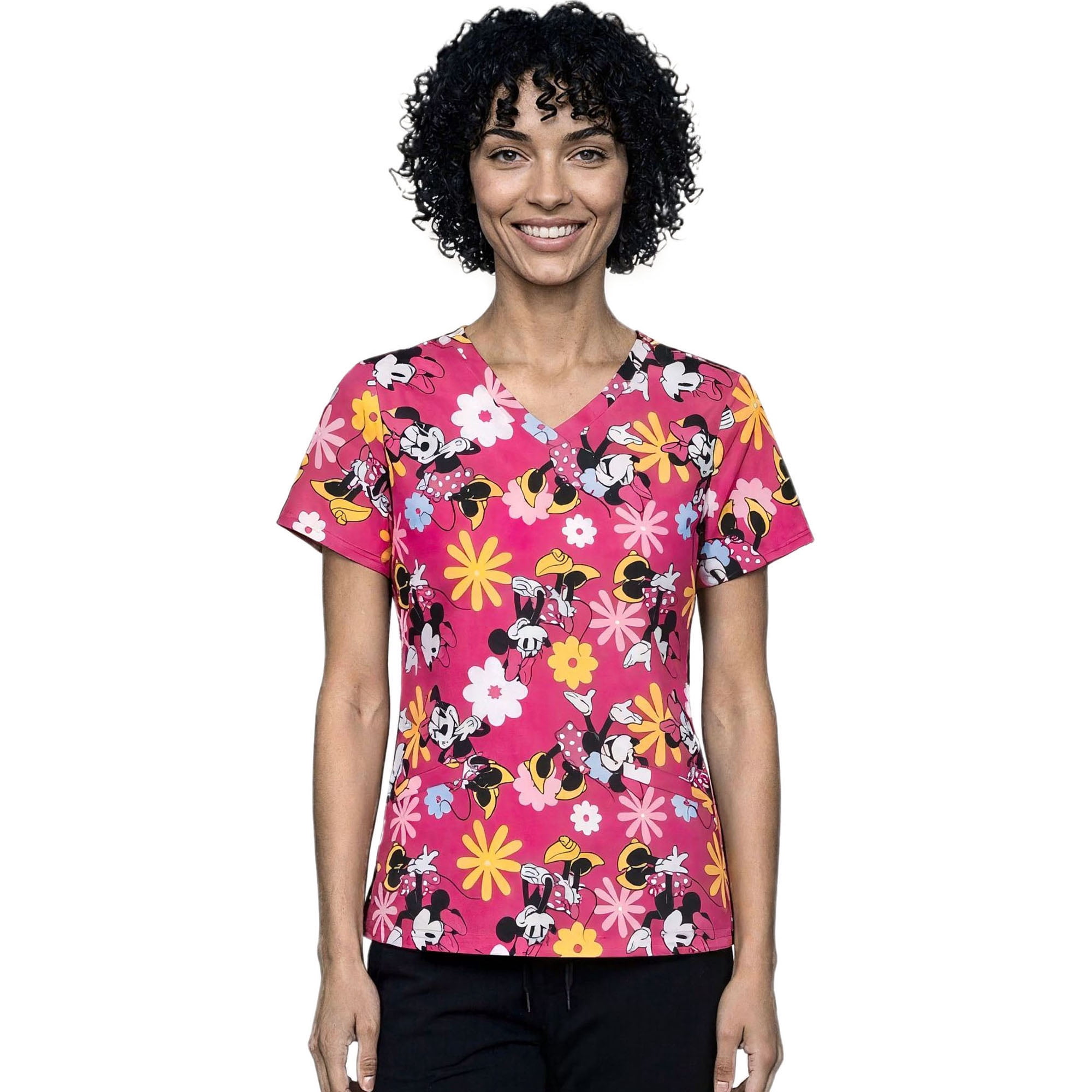Disney Minnie Mouse Women’s V-Neck Short Sleeve Scrub Top – Allover Print (S-3XL)