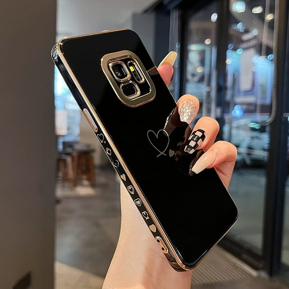 Compatible for Samsung Galaxy S9,Cute Plating Love Hearts Pattern Case with Camera Lens Protection,Soft TPU Bumper Electroplated Case for Girls Women,Black