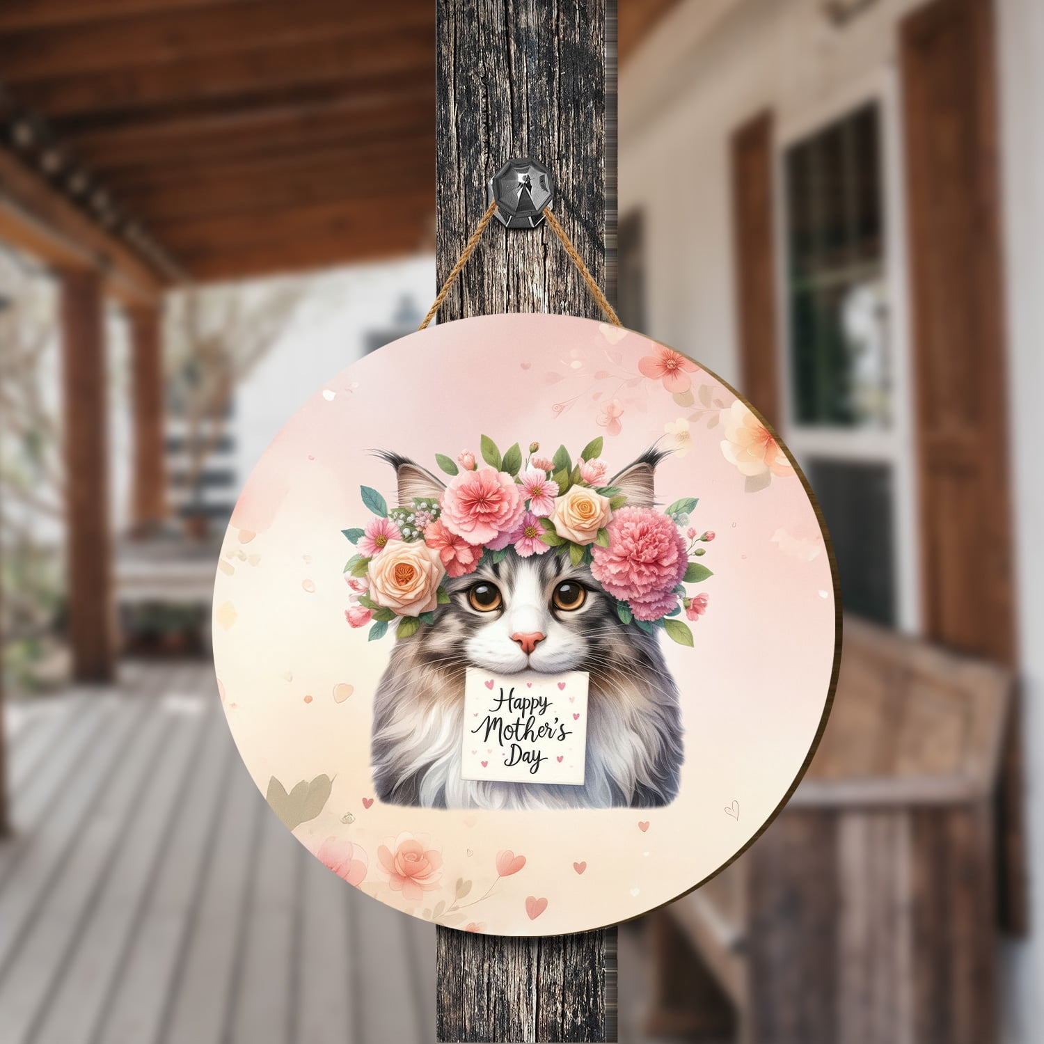 Happy Mother's Day Maine Coon with Flower Crown and Greeting Card Round Wood Sign Cat Lover Kitten Owner Gifts Hanging Wall Home Decor - 13004
